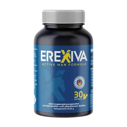 Blue tin of Erexiva Active Man Formula with 30 capsules